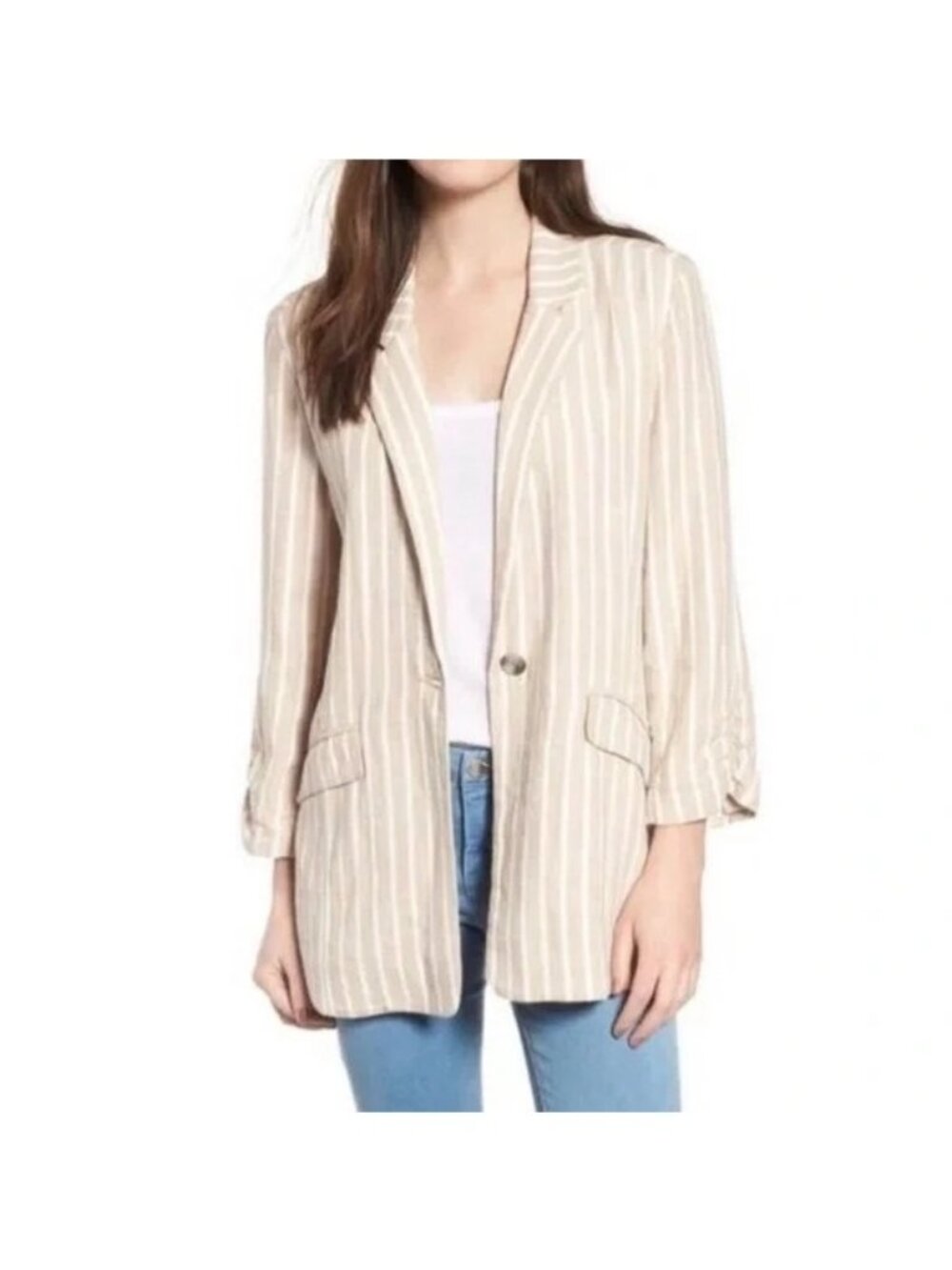 BP Blazer Jacket Size XXS Striped Single Button Linen Blend Beige White Career
